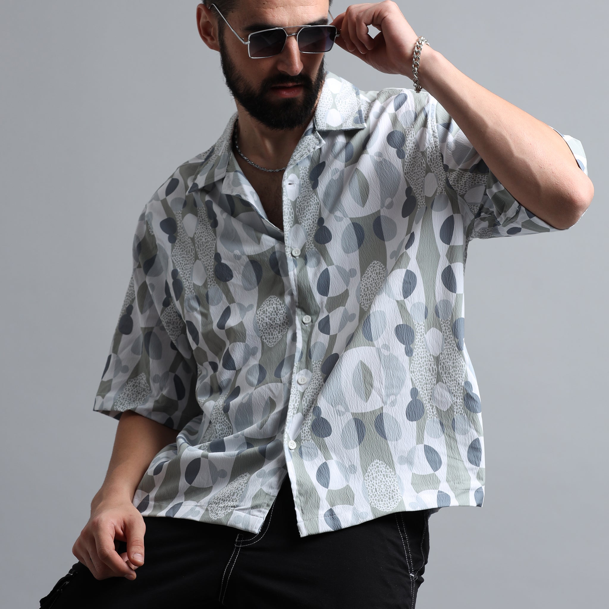 Snowy Elegance: White Printed Shirt Collection